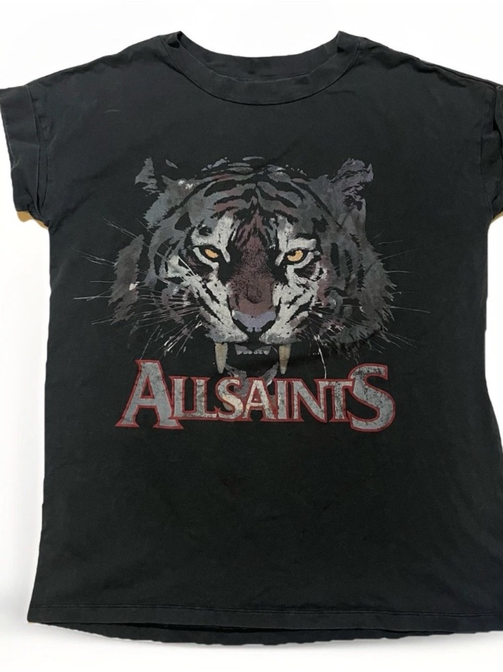 All Saints Black Tiger Graphic Tee with rolled sleeves